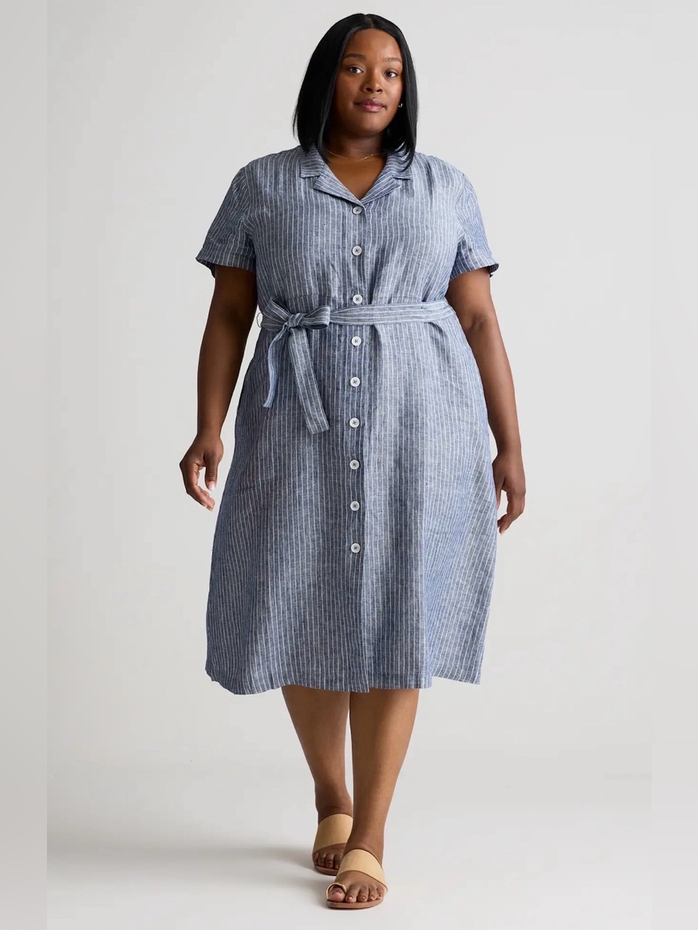 Quince Blue Pinstripe Button-Front Midi Dress